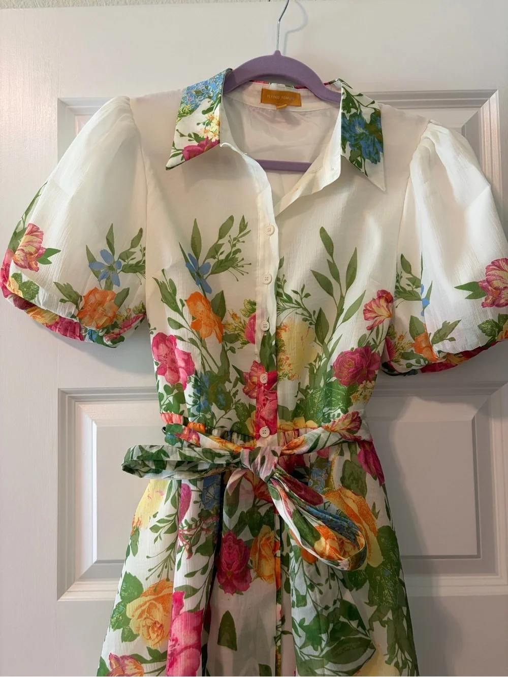 Flying Tomato Midi Floral Tie-Waist Dress in Cream and Green with Bell Sleeves - Picture 11 of 16
